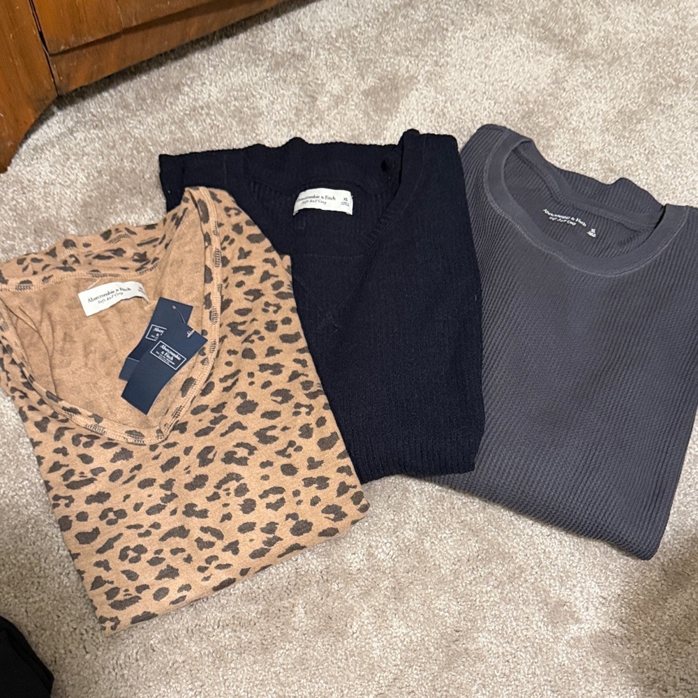 Abercrombie Crew & V-Neck Sweaters - Black, Charcoal, and Tan Leopard
